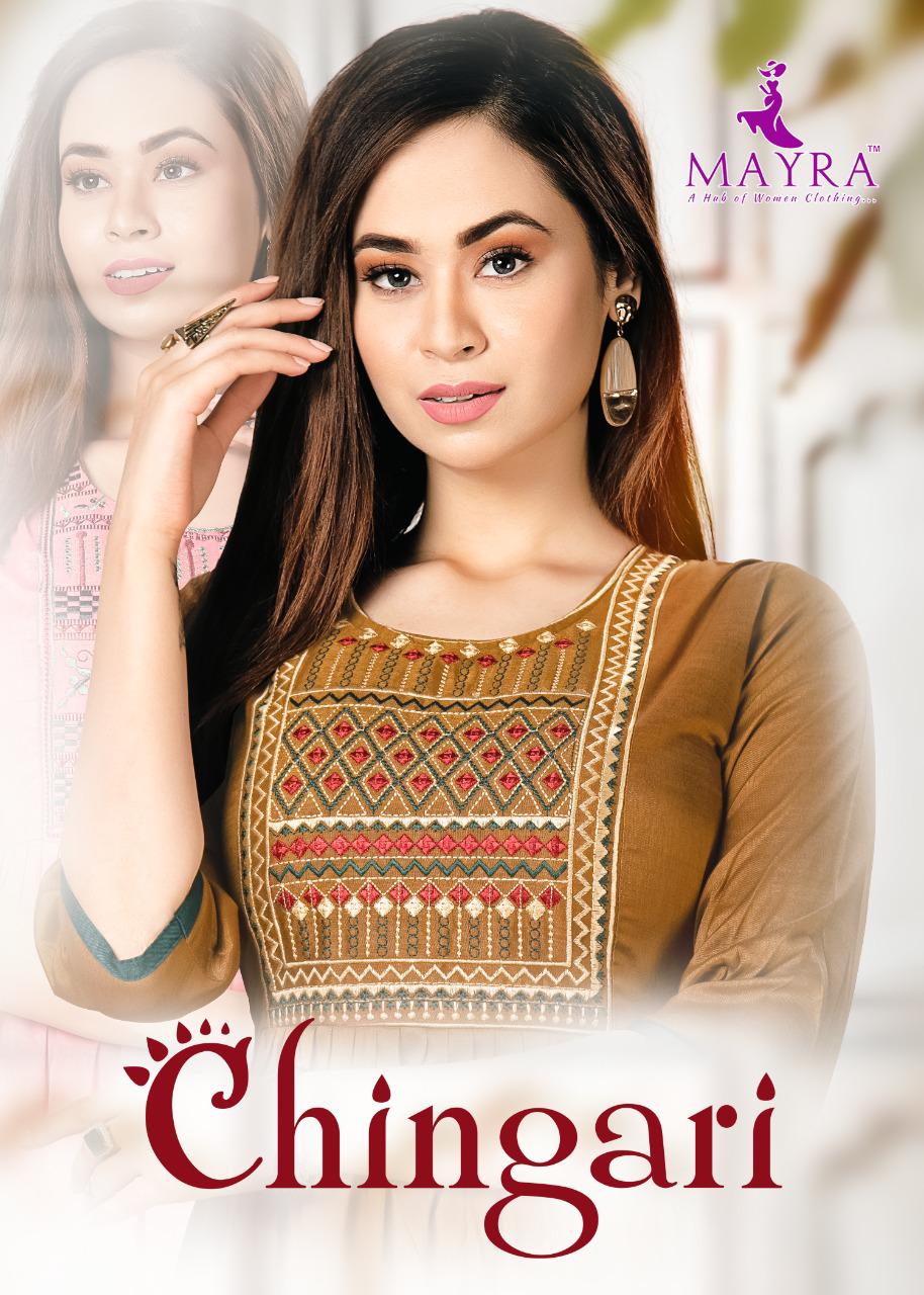 Mayra Chingari Fancy Regular Wear Rayon Printed Anarkali Kurti Collection